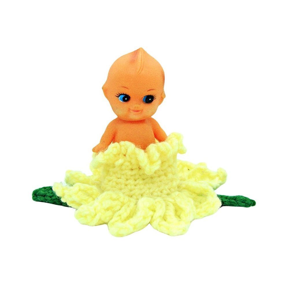 Vintage Tiny Kewpie Doll Baby in a Homemade Crocheted Flower
